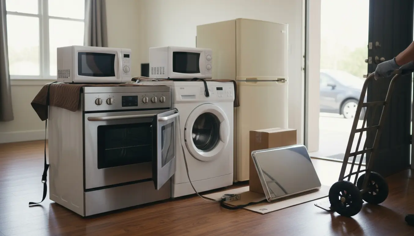 Husholdningsapparater som vaskemaskine, ovn, køleskab, mikro og emhætte pakket og klar til afhentning i en lejlighed.