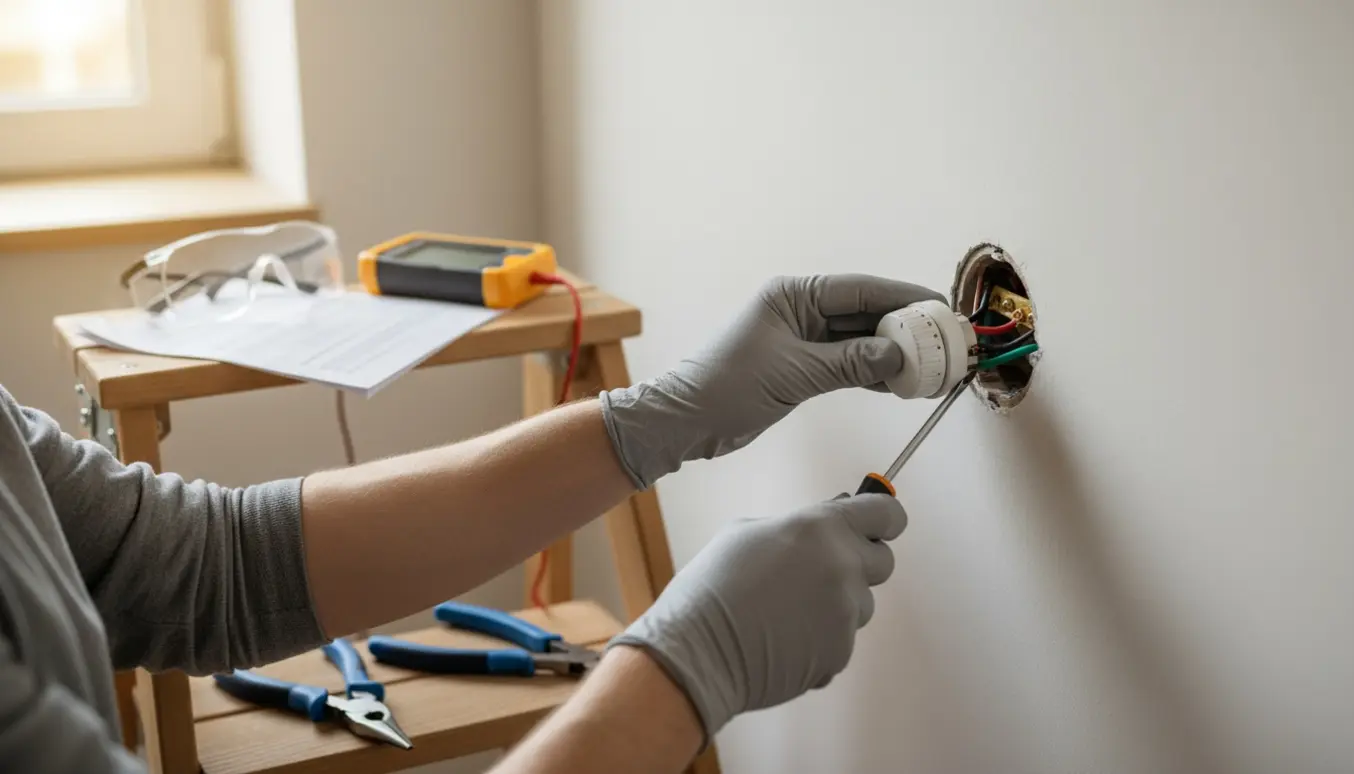 Nærbillede af hænder i handsker, der udskifter en Thermex-stikkontakt med rund justerknap på en væg, omgivet af værktøj.