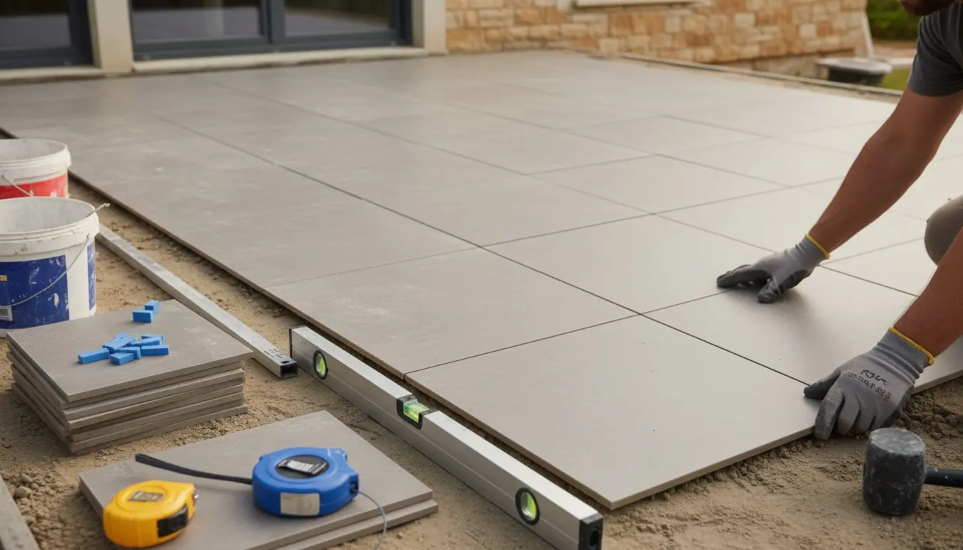 Nærbillede af store 60x60 fliser klar til lægning på en forberedt terrasse med værktøj og stabler af fliser.