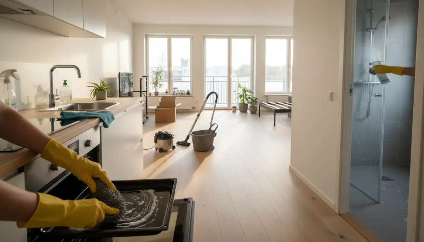 Hænder gør grundigt rent i et lyst fraflytningsklar lejlighedskøkken og badeværelse.