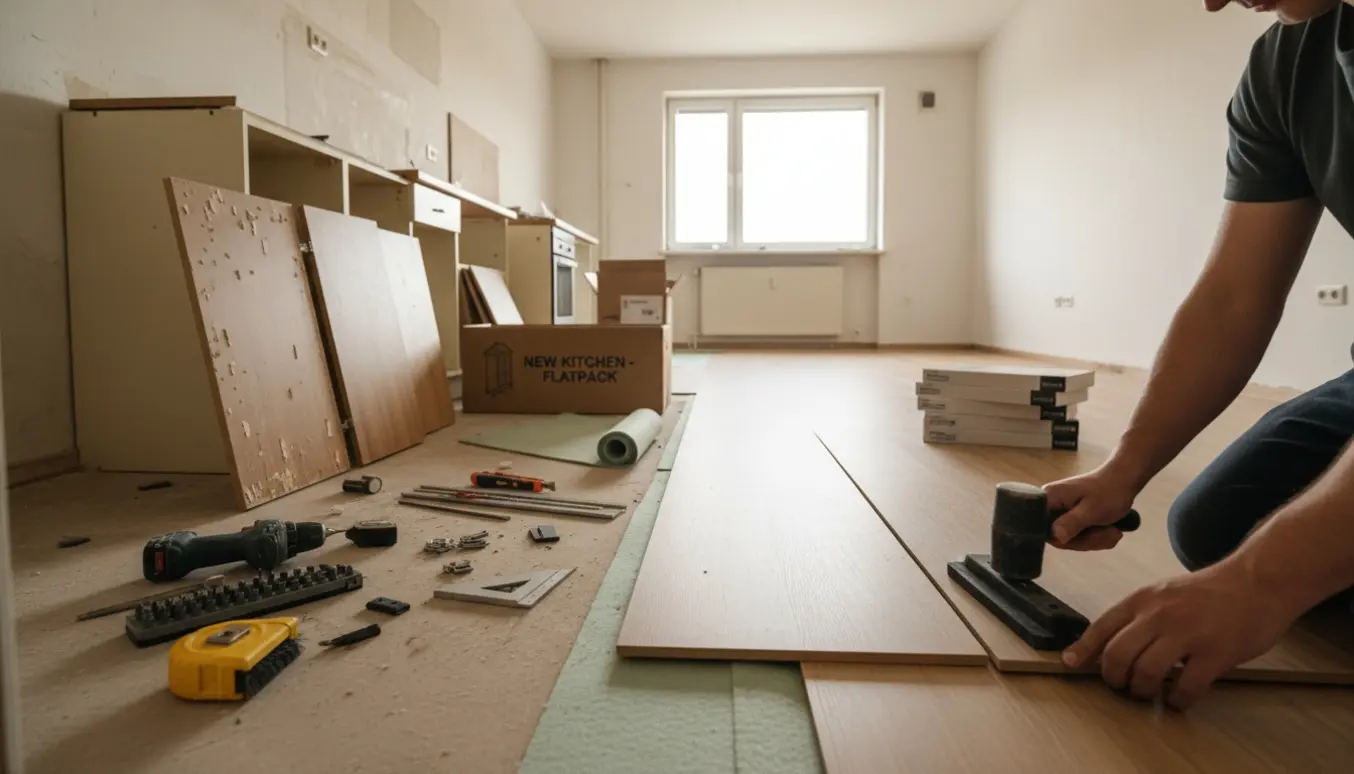 Halvfærdigt lejlighedskøkken med nye skabe i kasser og klikgulv, hvor en hånd lægger en plank.