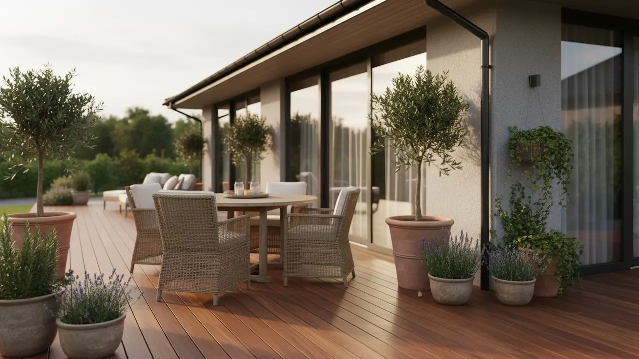 Velholdt terrasse med trædæk, havemøbler og krukker ved huset