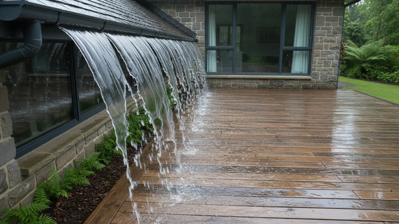 Tagrende, der løber over og skaber vandpytter og misfarvning på terrassens brædder