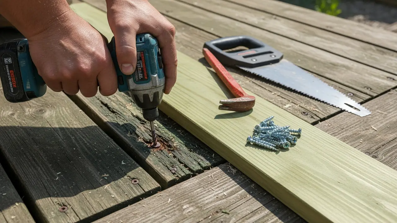 Udskiftning af rådnet terrassebræt med nyt trykimprægneret bræt og rustfri skruer