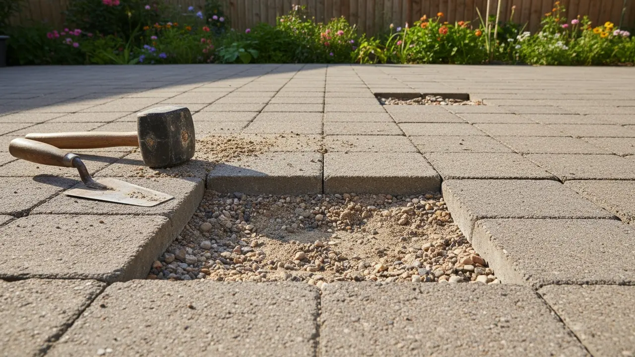 Løs flise fjernet med synligt løst sandunderlag og værktøj til omlægning