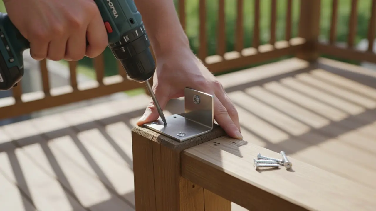 Hænder spænder skruer i et gelænderbeslag på trægelænder for at gøre det stabilt
