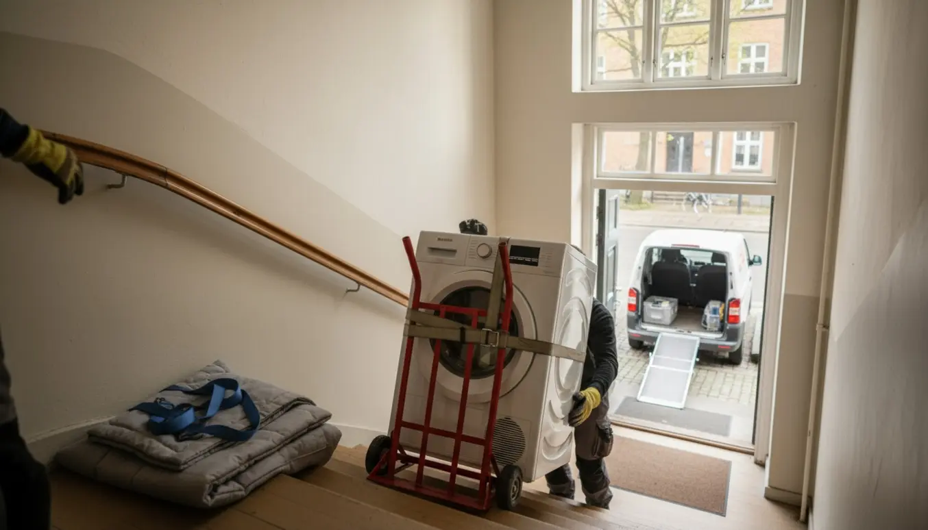 Et tungt hvidt tørretumbler på en flyttevogn bæres ned ad en Østerbro-trappe mod en åben dør og en varevogn udenfor.