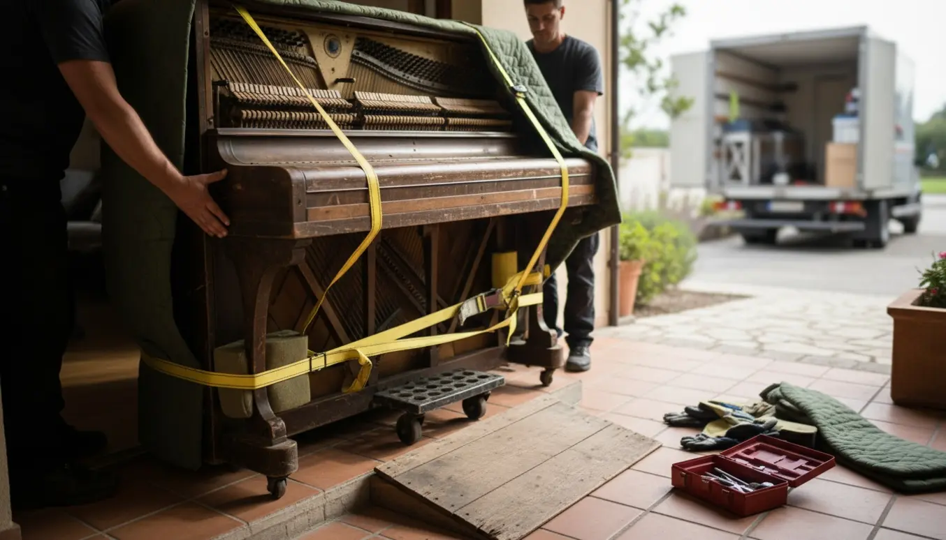 Gammelt opretstående klaver på rullebræt pakket i flyttetæpper, på vej ud gennem en lav kant ved hoveddøren.