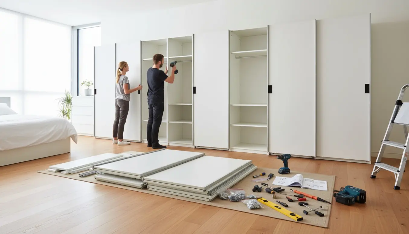 To personer samler fire høje klædeskabe med skydedøre i en lys stue, med værktøj og manual klar.