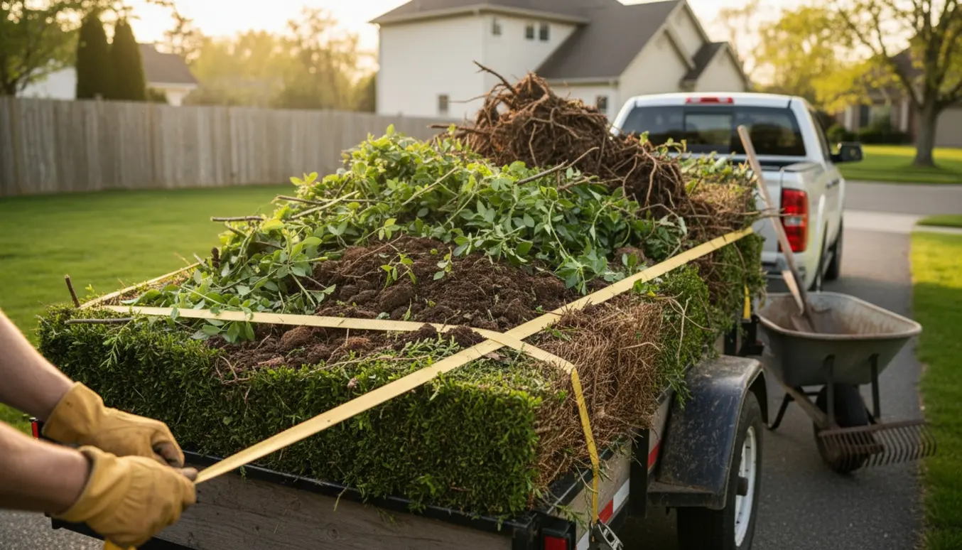Åben trailer fyldt med hækafklip, grene og jord på en indkørsel klar til bortkørsel.