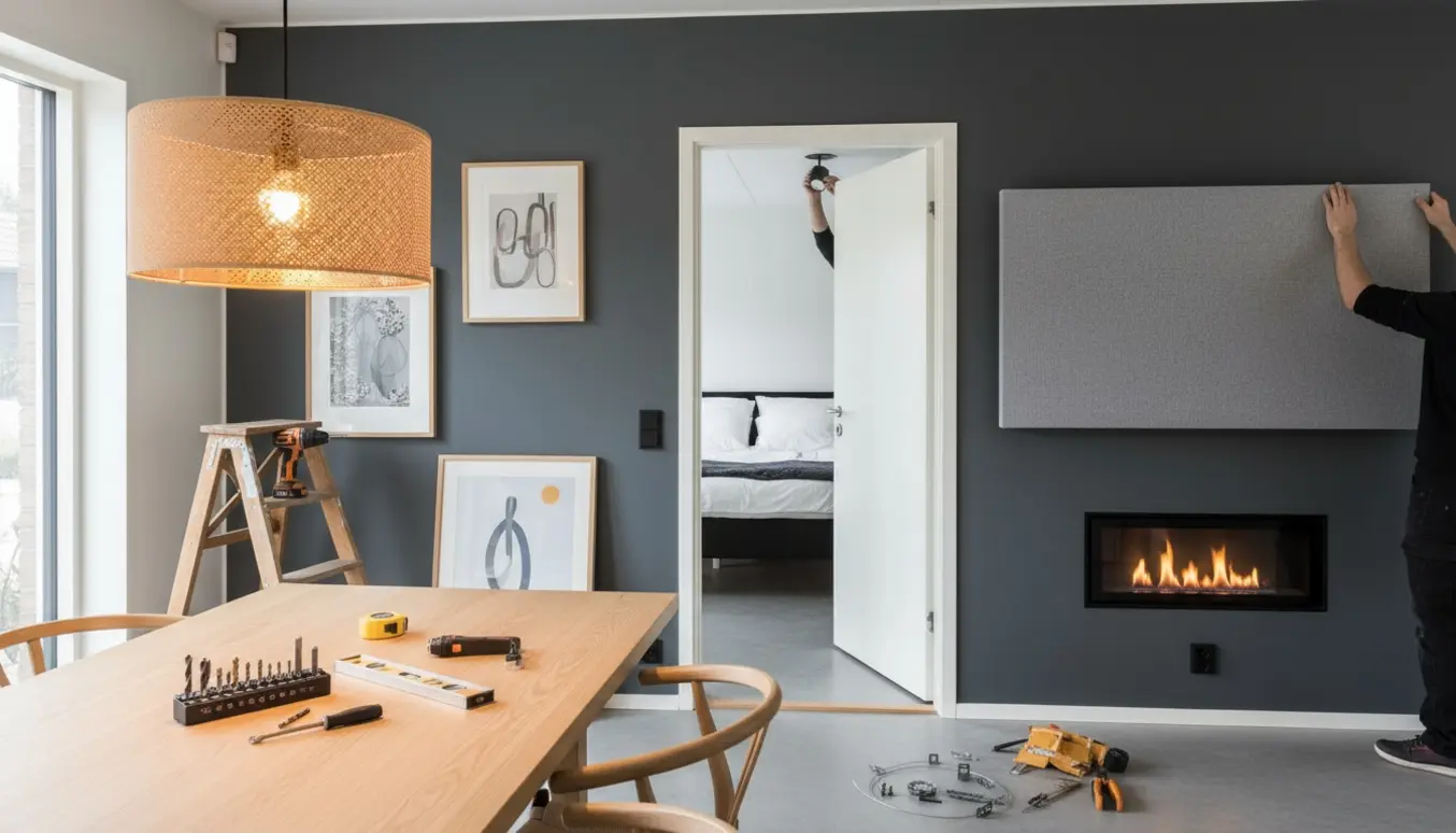 Installatør monterer lampe, akustikplade, billeder og en biopejs i en moderne stue.