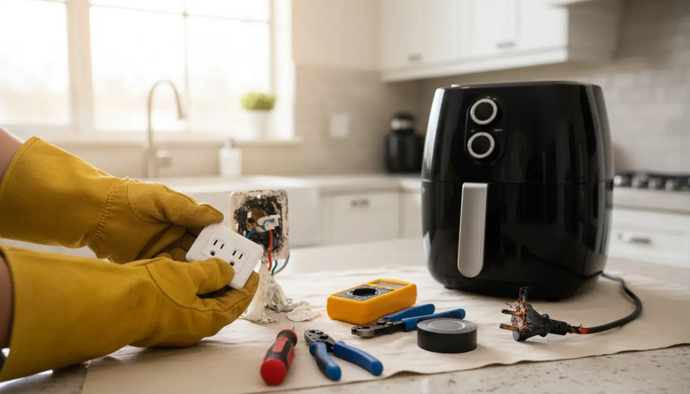 Udskiftning af en brændt stikkontakt i et køkken med synlige brandskader og værktøj.