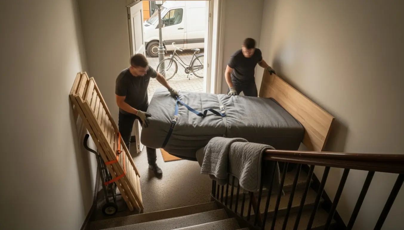 Flyttefolk bærer en adskilt 140 cm seng ned ad en københavnsk trappeopgang mod en ventende flyttevogn.