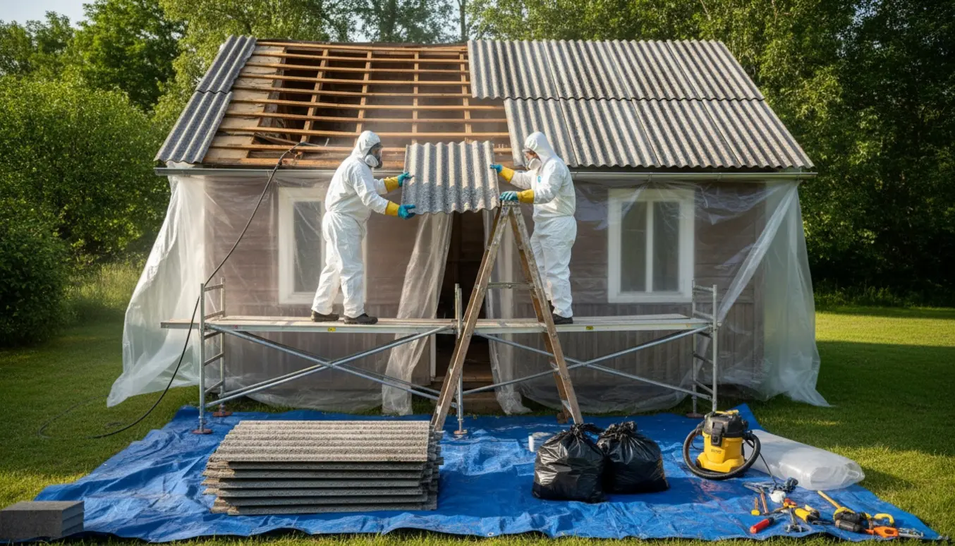 Arbejdere i beskyttelsesdragter fjerner og pakker asbesttag fra et lille sommerhus med afdækningsplader og forseglede affaldssække.