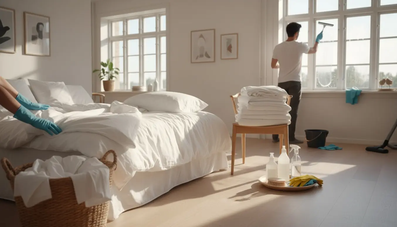 Hushjælp skifter sengetøj og pudser Dannebrog-vinduer i et lyst, skandinavisk rum med kurv med rent vasketøj.