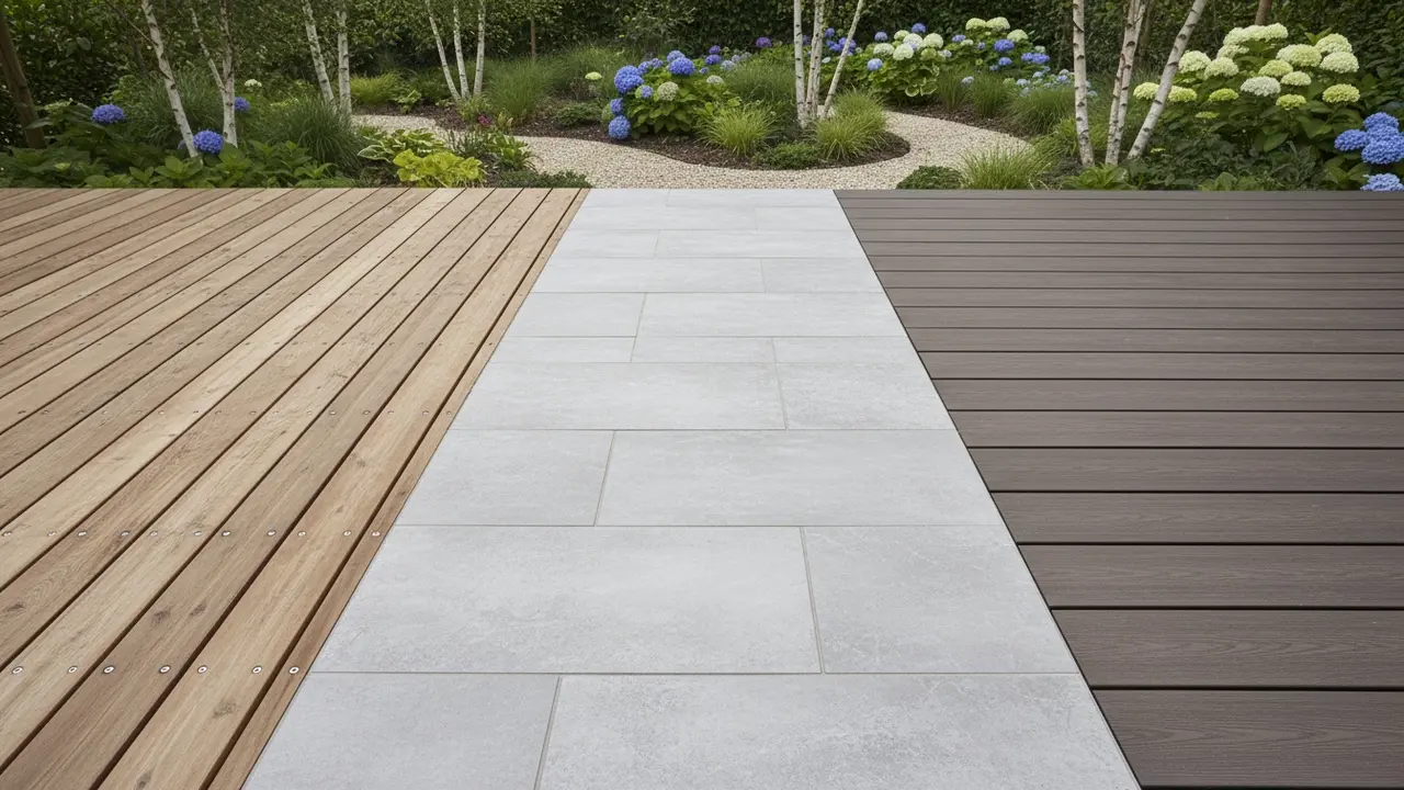 Oversigt over tre terrasser: træ, fliser og komposit i en have