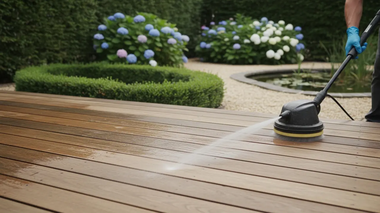 Person rengør træterrasse med terrassevasker i bred stråle fra sikker afstand