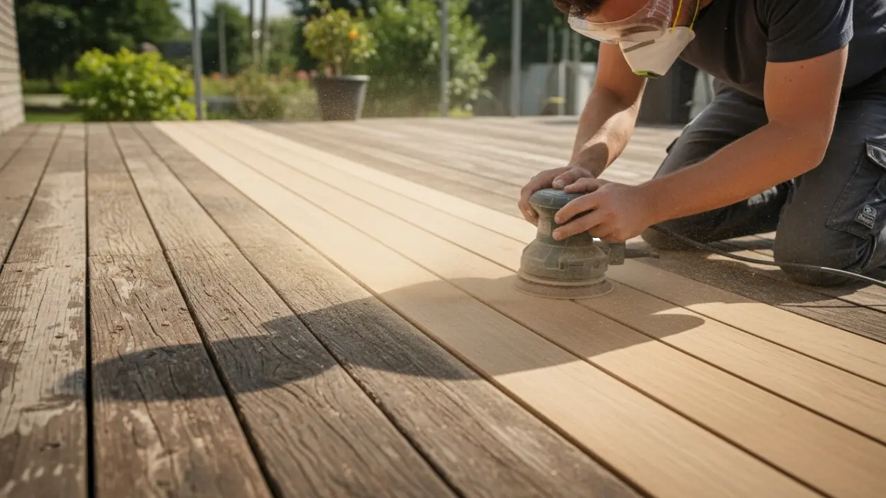 Håndværker sliber træterrasse med slibemaskine i træets længderetning