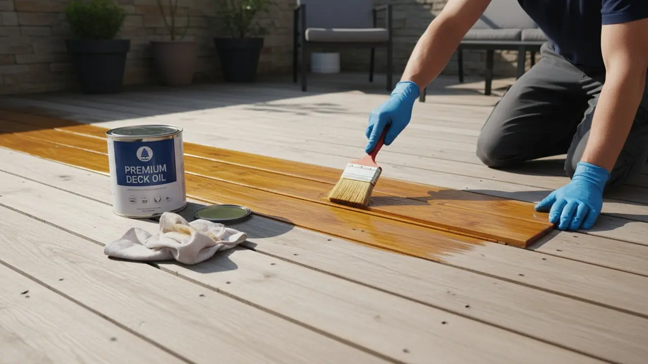 Person påfører terrasseolie med pensel og klud på rengjort træ