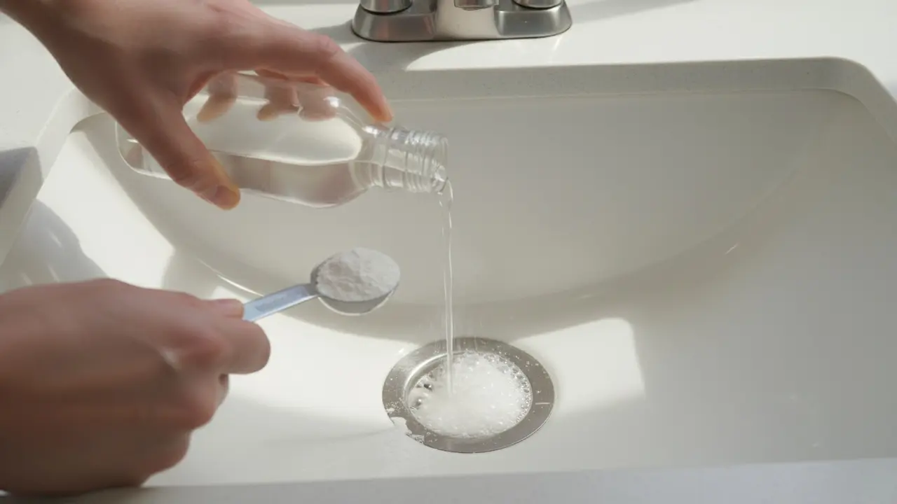 Bagepulver drysses i afløb mens hvid eddike hældes og skummer, gør-det-selv rengøring.
