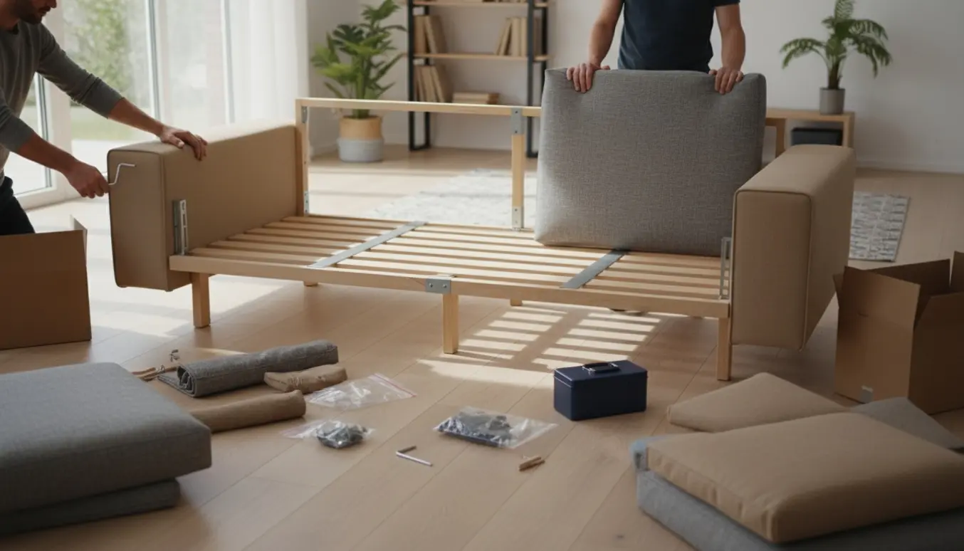 Delvist samlet Hyltarp-sofa i en lys stue med fladt pakkede dele, puder og værktøj.