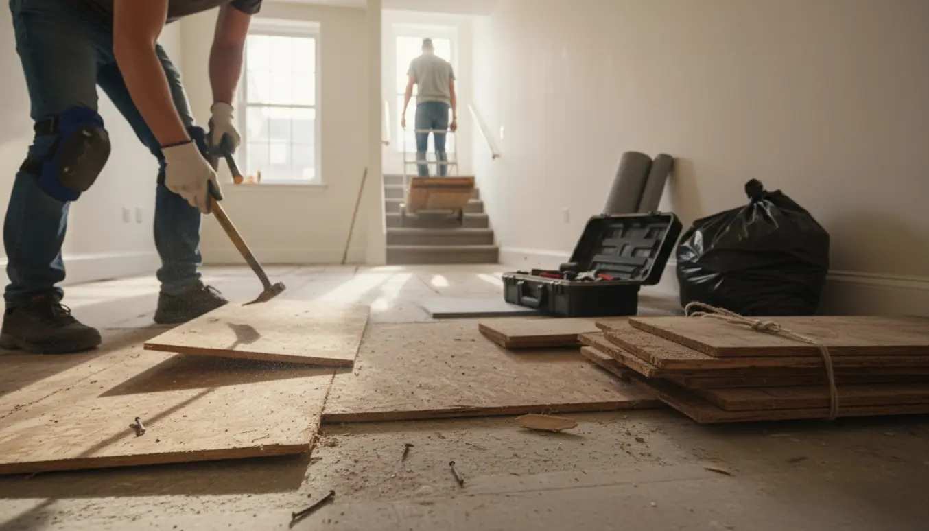 Håndværker fjerner plankegulv i en lejlighed, med stabler af brædder og en trappeløber i baggrunden.