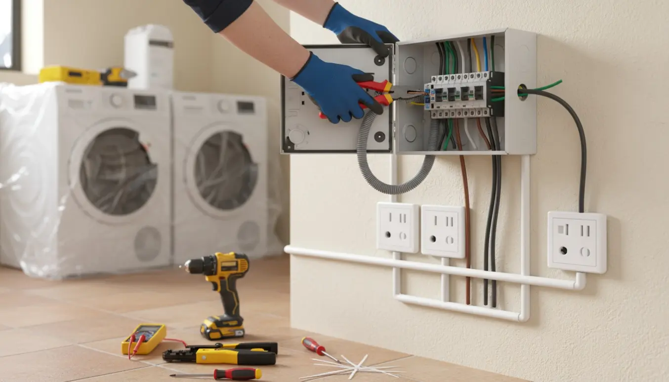 Handskerede hænder trækker kabler til vaskemaskine og tørretumbler ved en åben relæboks i et lyst bryggers.