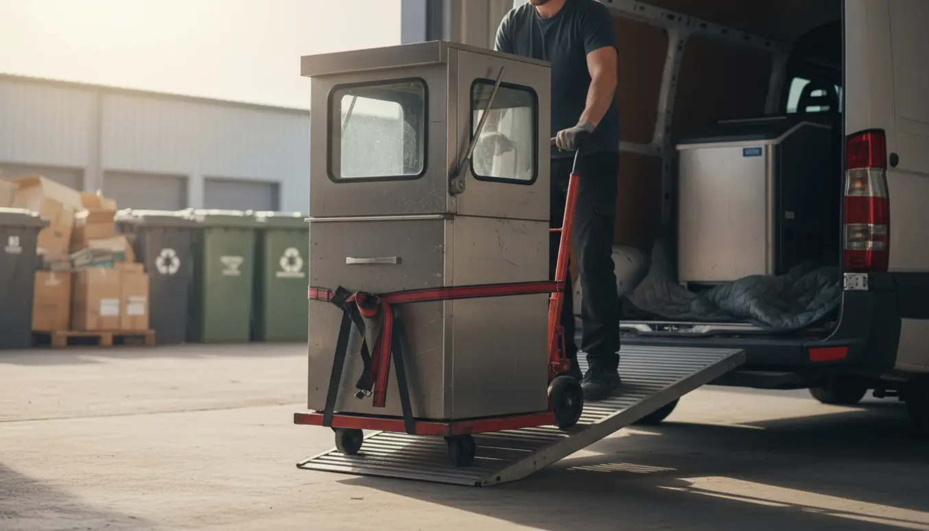 Sækkevogn læsser en glasvasker og en ismaskine fra lager ind i en varevogn klar til affaldsaflevering.