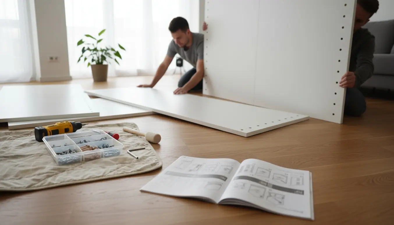Hænder samler et hvidt fladtpakket skab på trægulv med værktøj og en vejledning ved siden af.