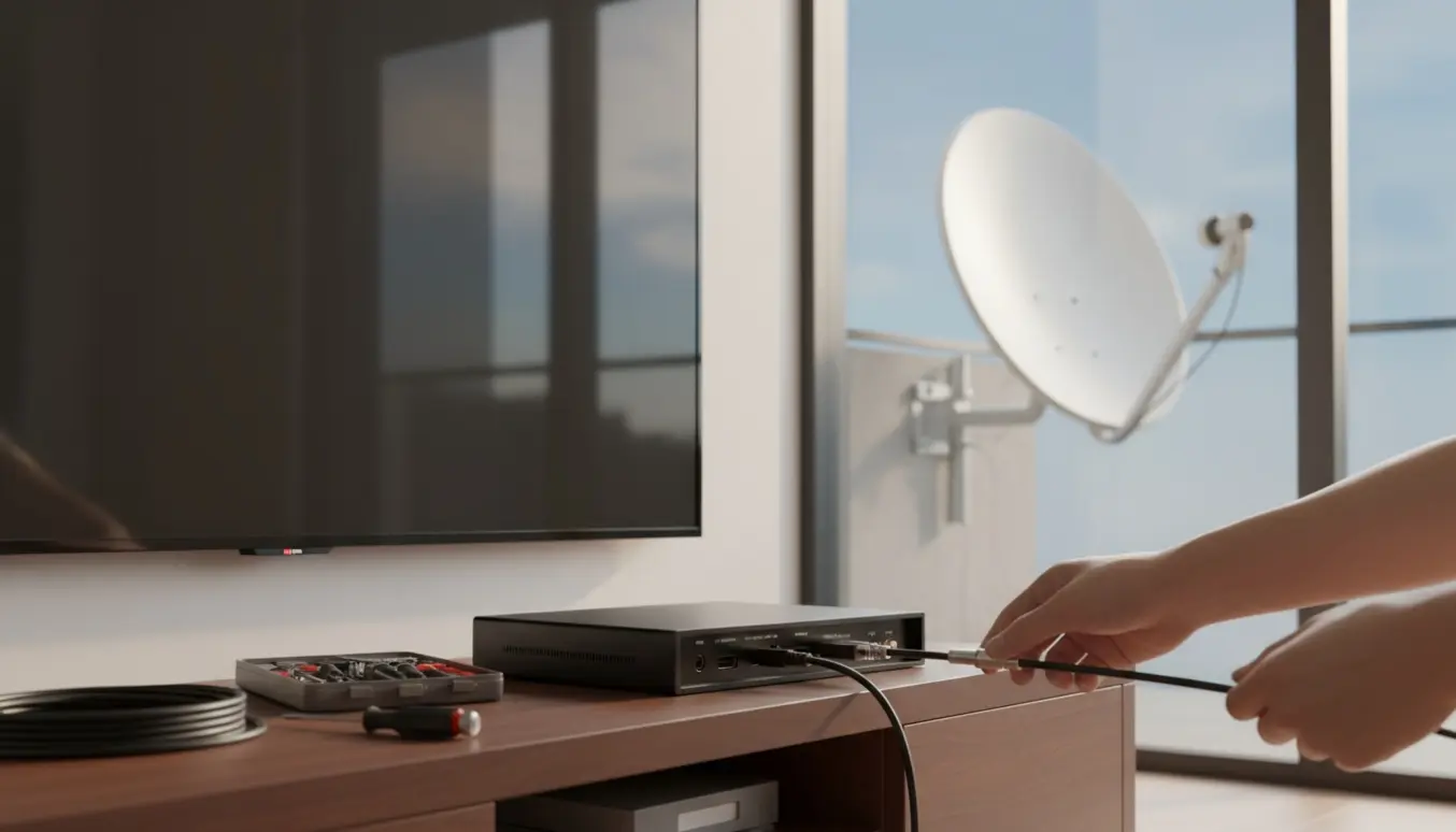 Hænder forbinder et nyt fladskærms-tv til en eksisterende parabol via kabel.