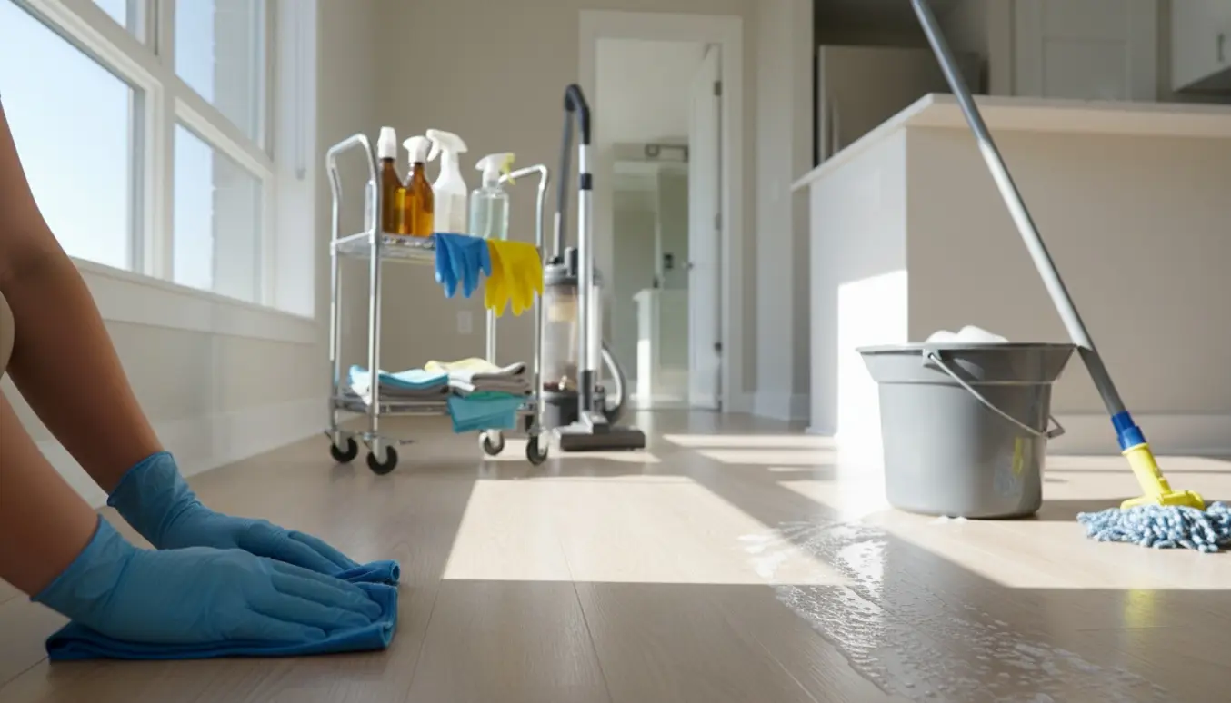 Hænder med handsker tørrer bundlist i en tom, nyrengjort lejlighed med moppe og støvsuger i naturligt dagslys.