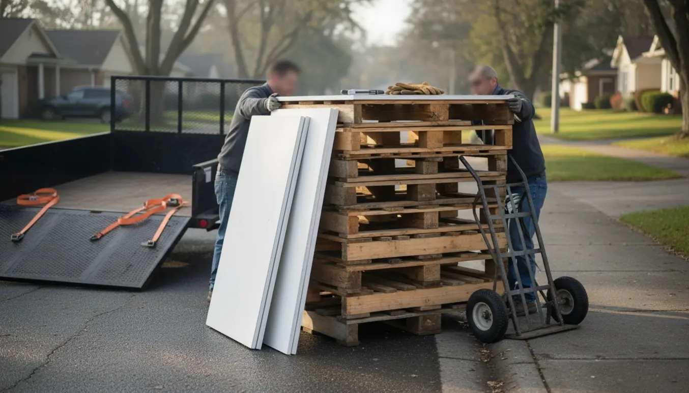 Fire dobbelte paller og to gipsplader på fortovet klar til transport til genbrugspladsen.