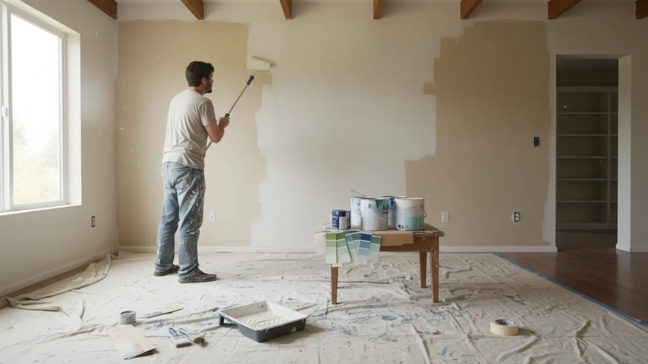 Person maler en indendørs væg med rulle, afdækning og farveprøver.