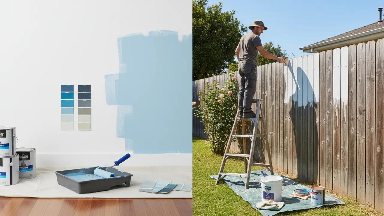 Splitbillede af indendørs malerrulle og udendørs pensel ved træhegn.
