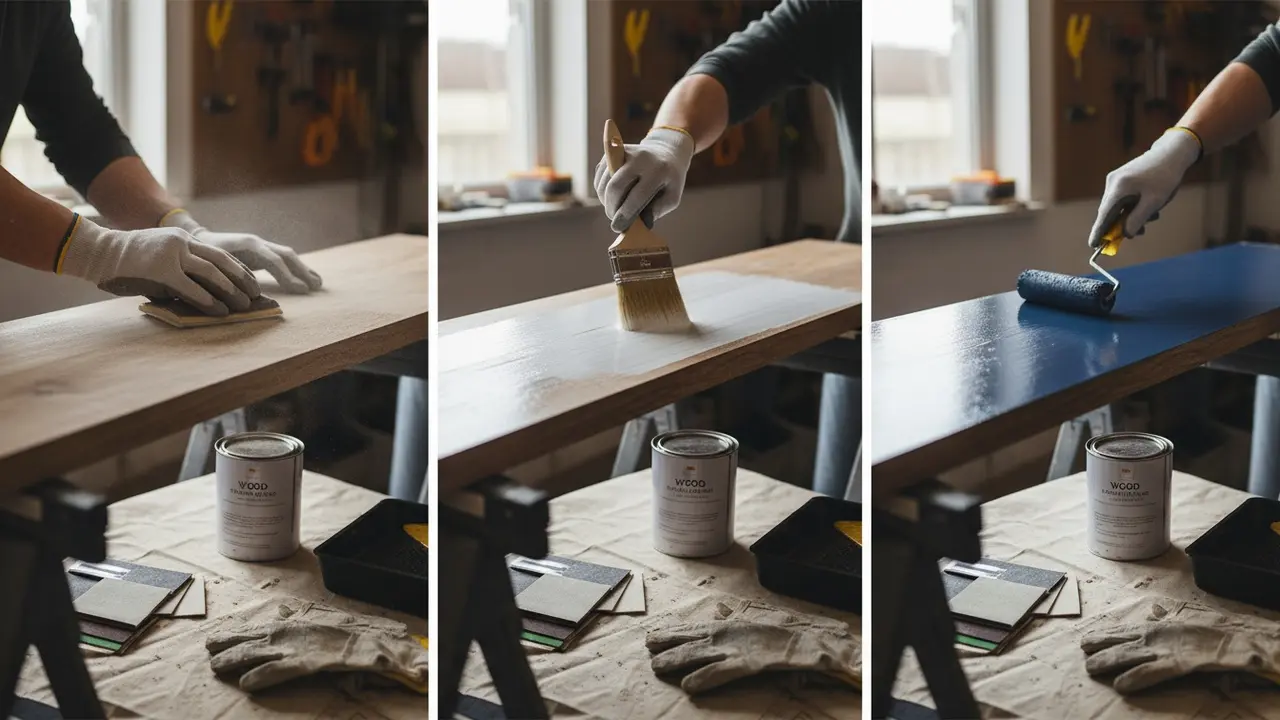 Nærbillede af slibning, påføring af grunder og maling på en træplade.