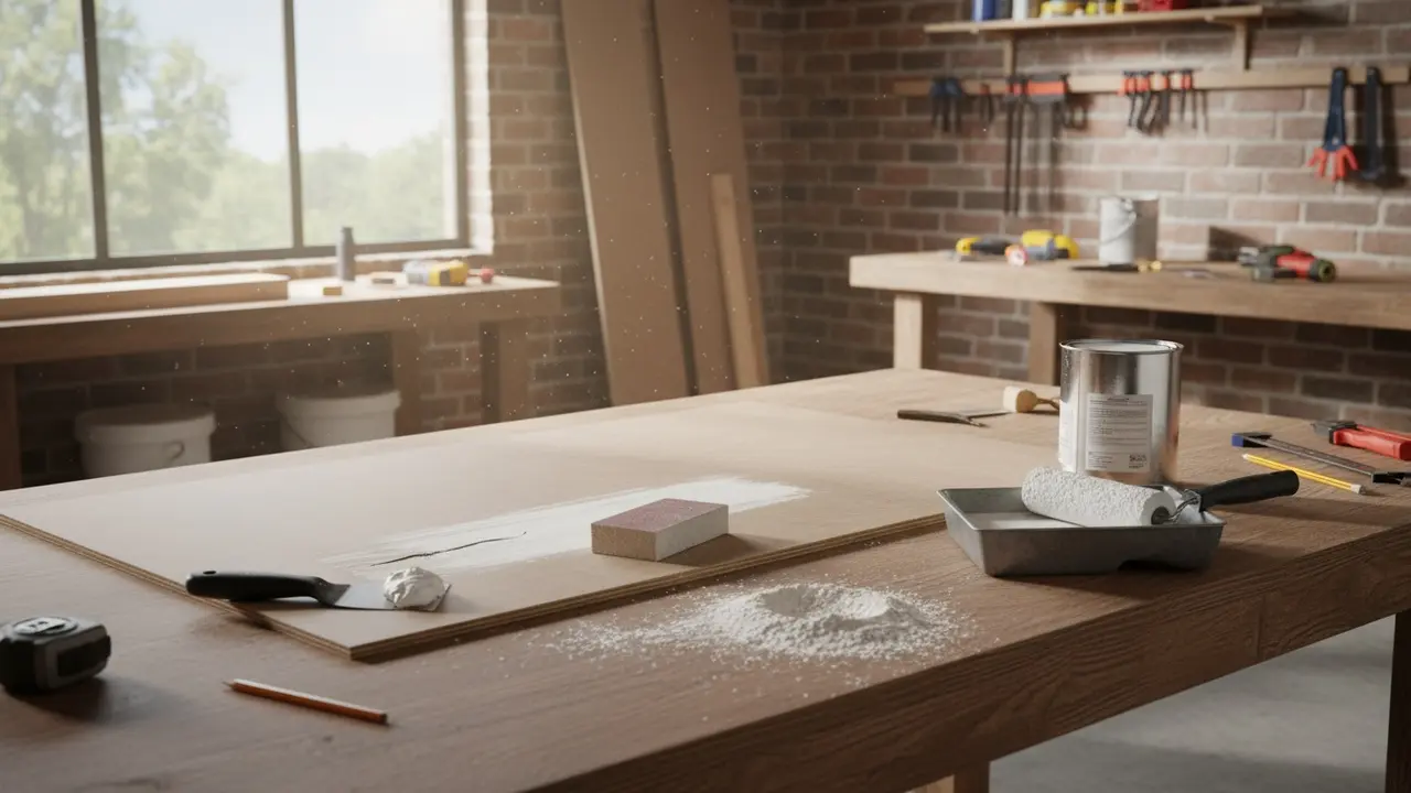 MDF-plade på arbejdsbord med spartelmasse, slibepapir og primerrulle.