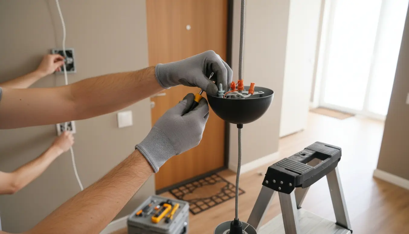 En håndværker monterer en loftslampe og installerer en kontakt ved lejlighedens hoveddør.