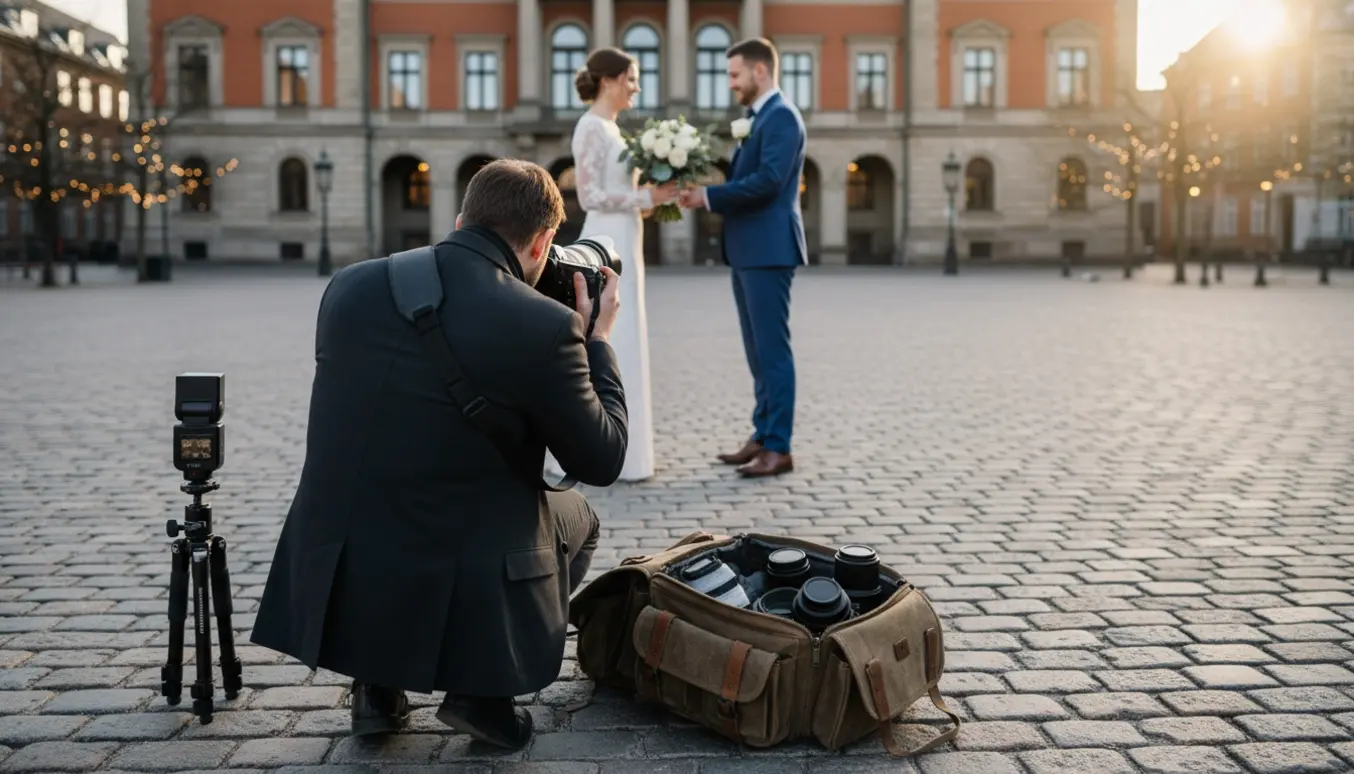 Fotograf ses bagfra med kamera foran brudeparret på en byplads, kameraudstyr i forgrunden.