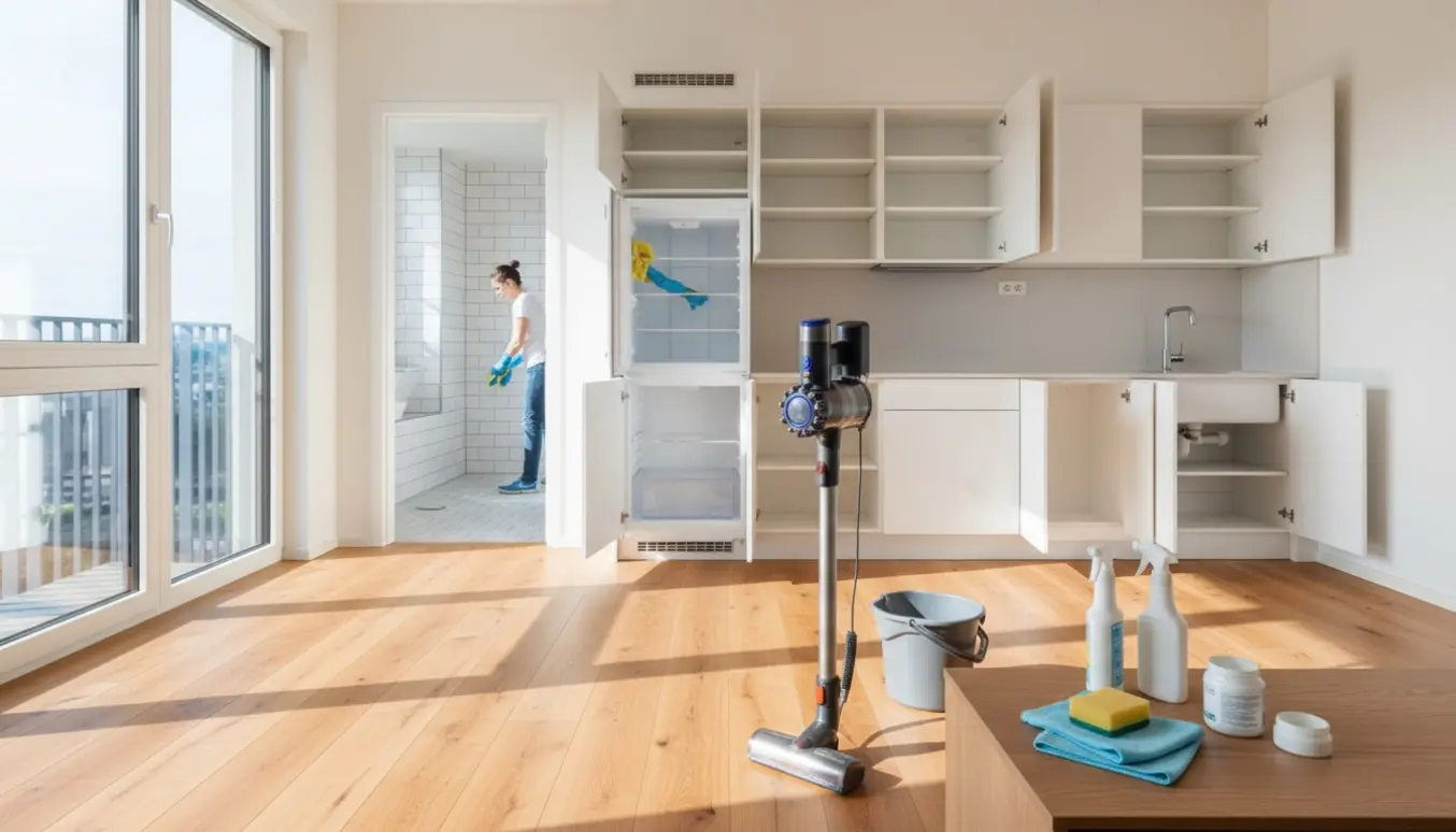 Rengøringsudstyr og handsker i en soloplyst, tom lejlighed med skinnende rene overflader efter flytterengøring.