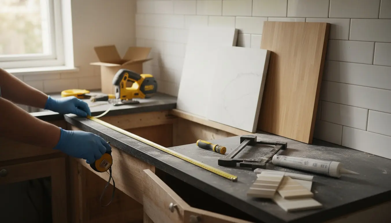 Køkken under udskiftning af bordplade med mørk gammel bordplade, lyse prøver og værktøj på bordet.