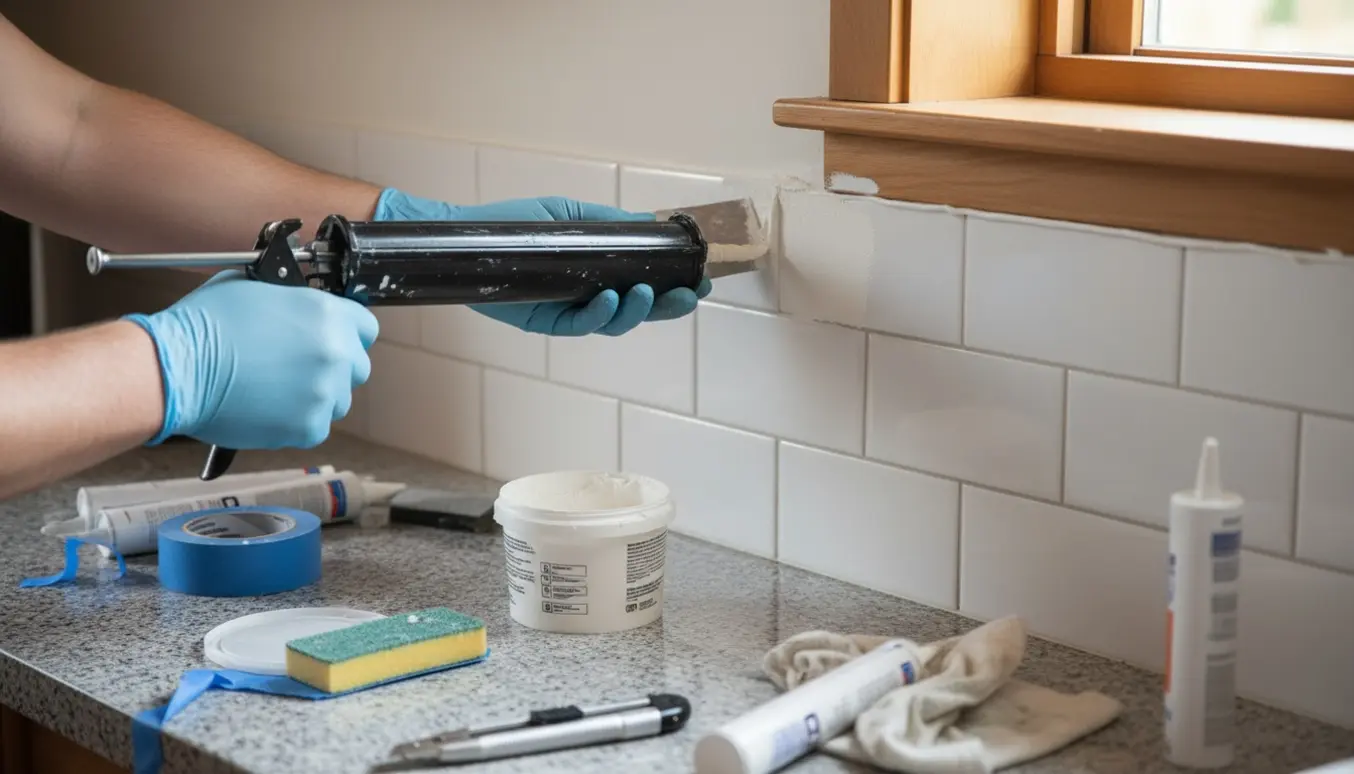 Nærbillede af fugning og spartling ved køkkenfliser og under et vindue med fugepistol og spartel.