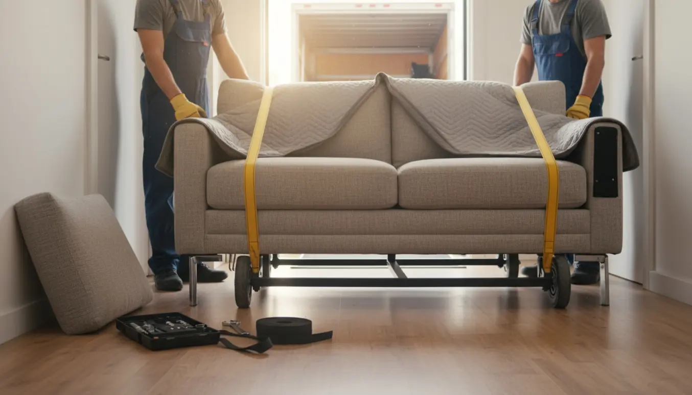 To personer løfter en sovesofa med afmonteret armlæn klar til flytning.