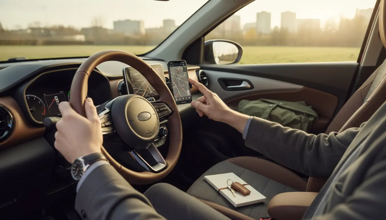 Bilinteriør med førerens hænder på rattet, mobil med rute og kuffert i bagagerummet klar til kørsel efter behov.