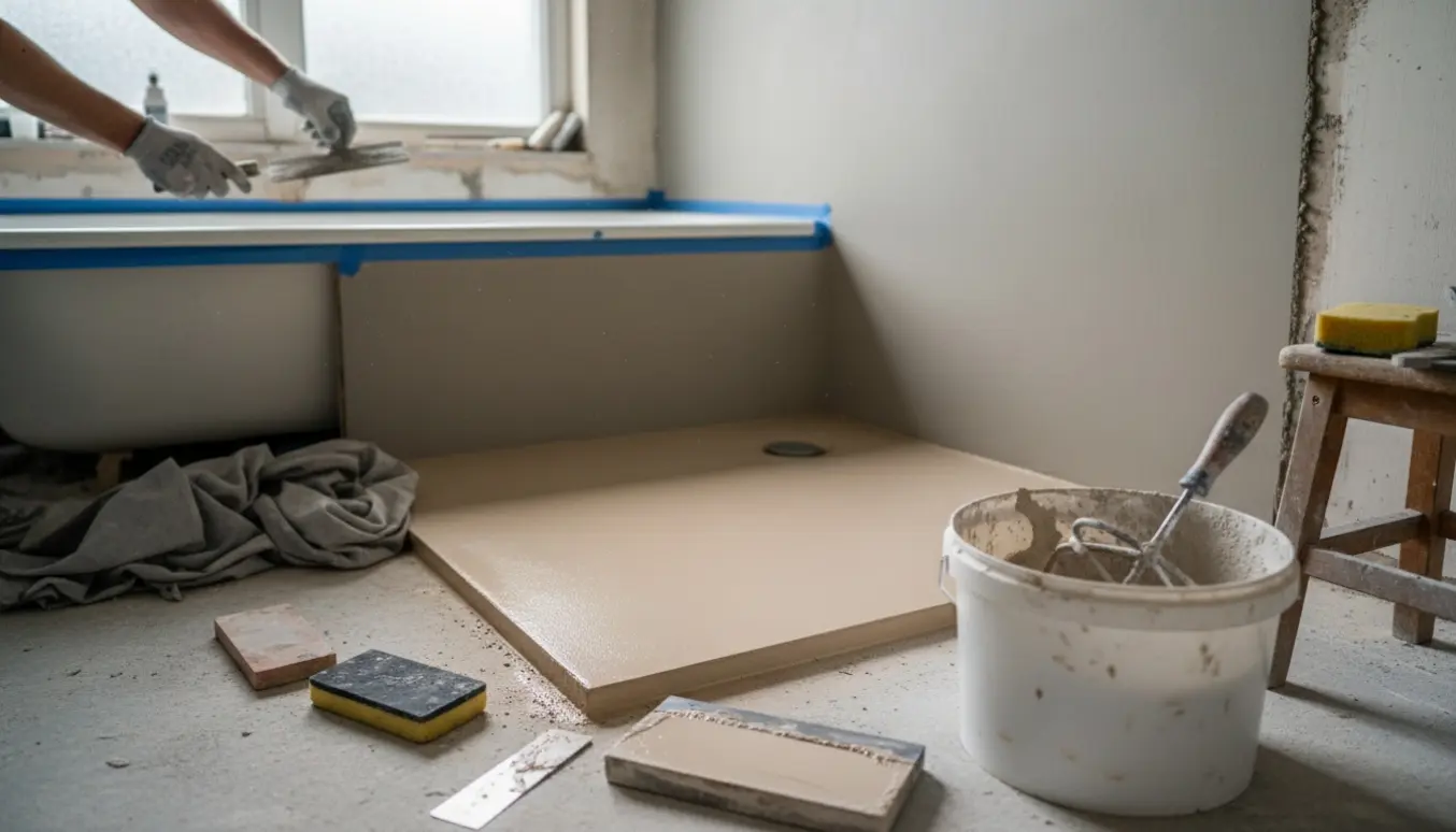 Badeværelse i renovering med microcement på brusegulv og vægge, værktøj og hænder i arbejde.