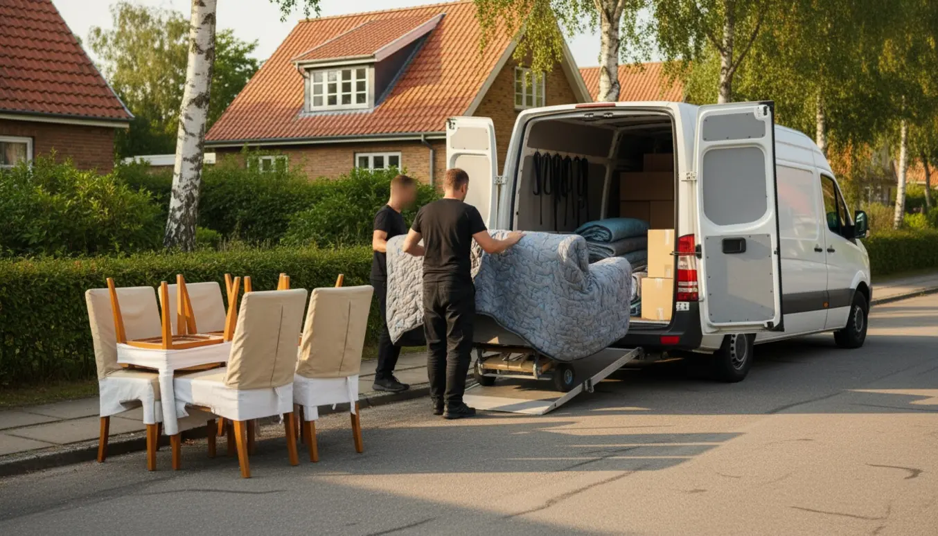Flyttebil hvor en 3-personers sofa og seks spisebordsstole er pakket og læsset på en stille dansk villavej.