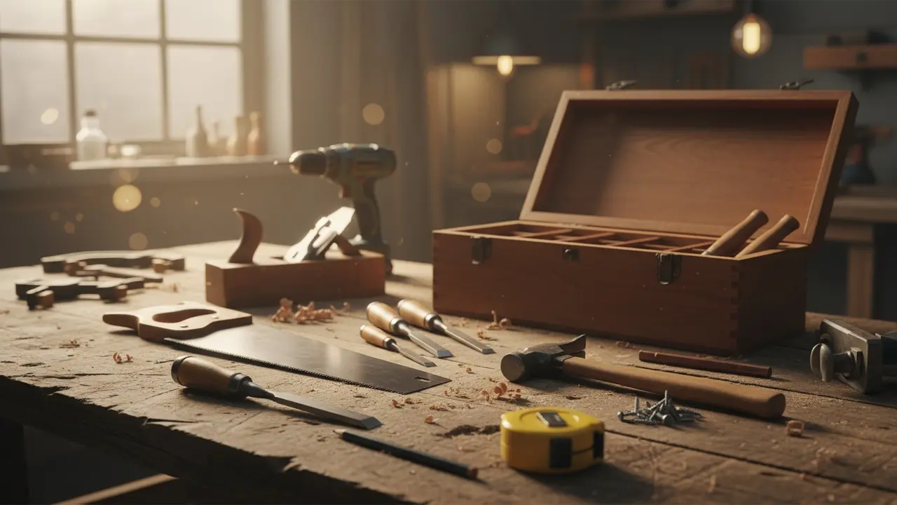 Åben værktøjskasse og tømreværktøj arrangeret på et arbejdsbord