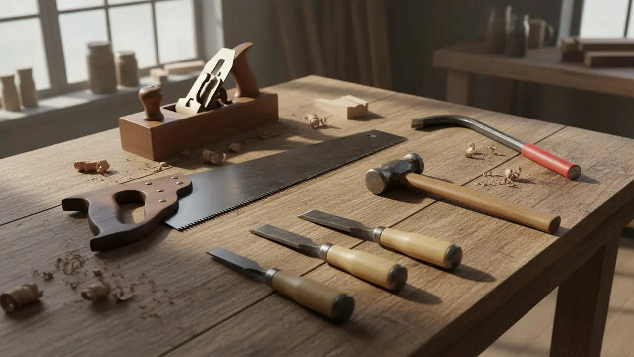 Oversigt over manuelle tømreværktøjer: sav, hammer, mejsler, høvl og koben