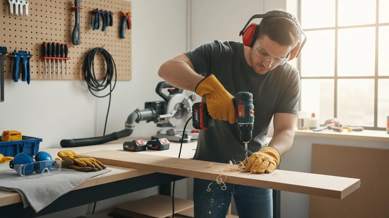 Håndværker bruger boremaskine med sikkerhedsbriller og høreværn i ryddet værksted