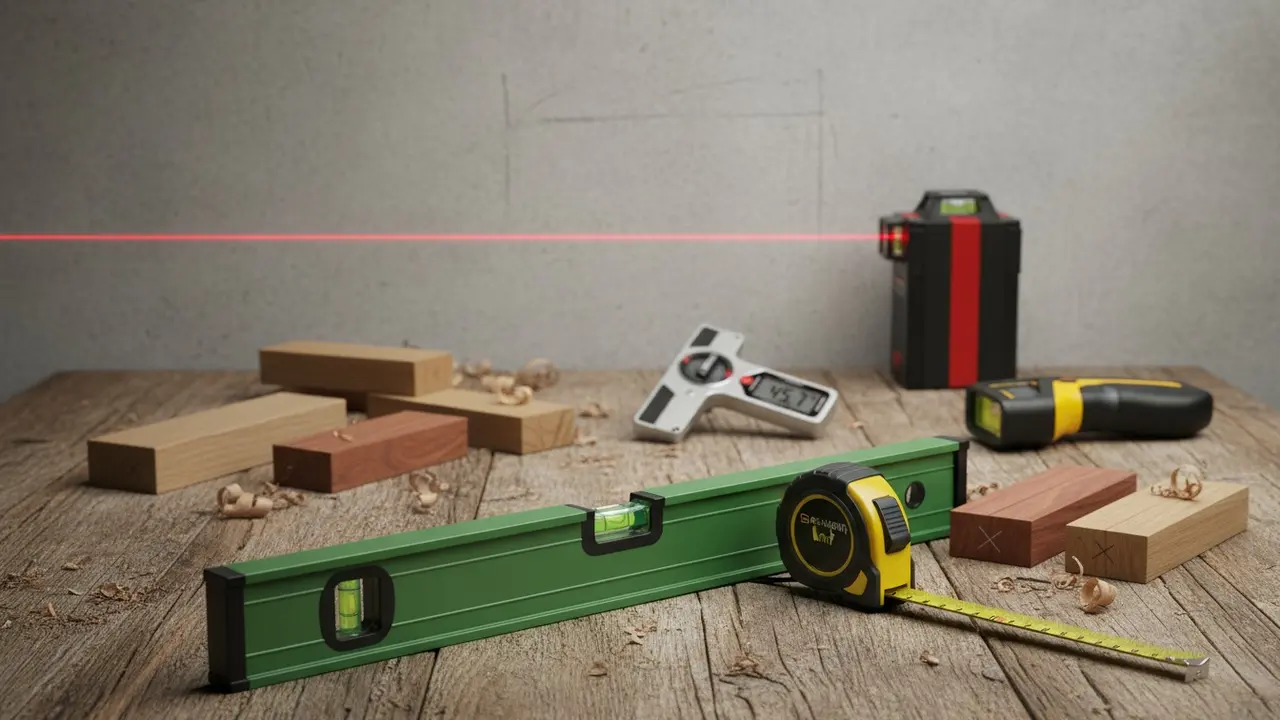 Måleværktøjer: vaterpas, målebånd, laser, vinkelmåler og afstandsmåler på bord