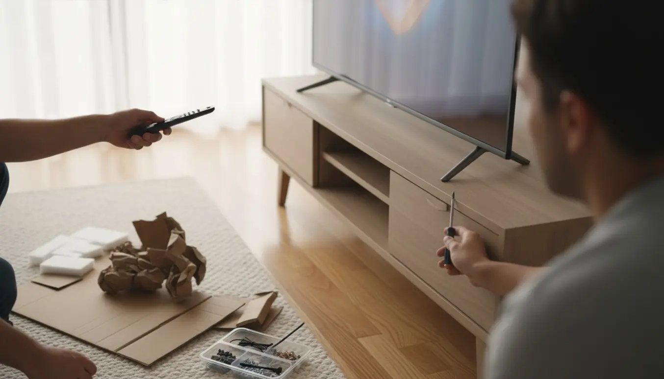 65-tommer TV på et tv-bord mens hænder monterer foden og fjernbetjening bruges til at indstille kanaler.